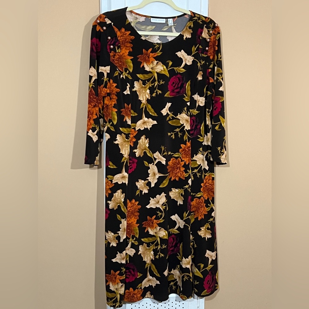 Susan Graver Liquid Knit Floral Print on Dark Chocolate background